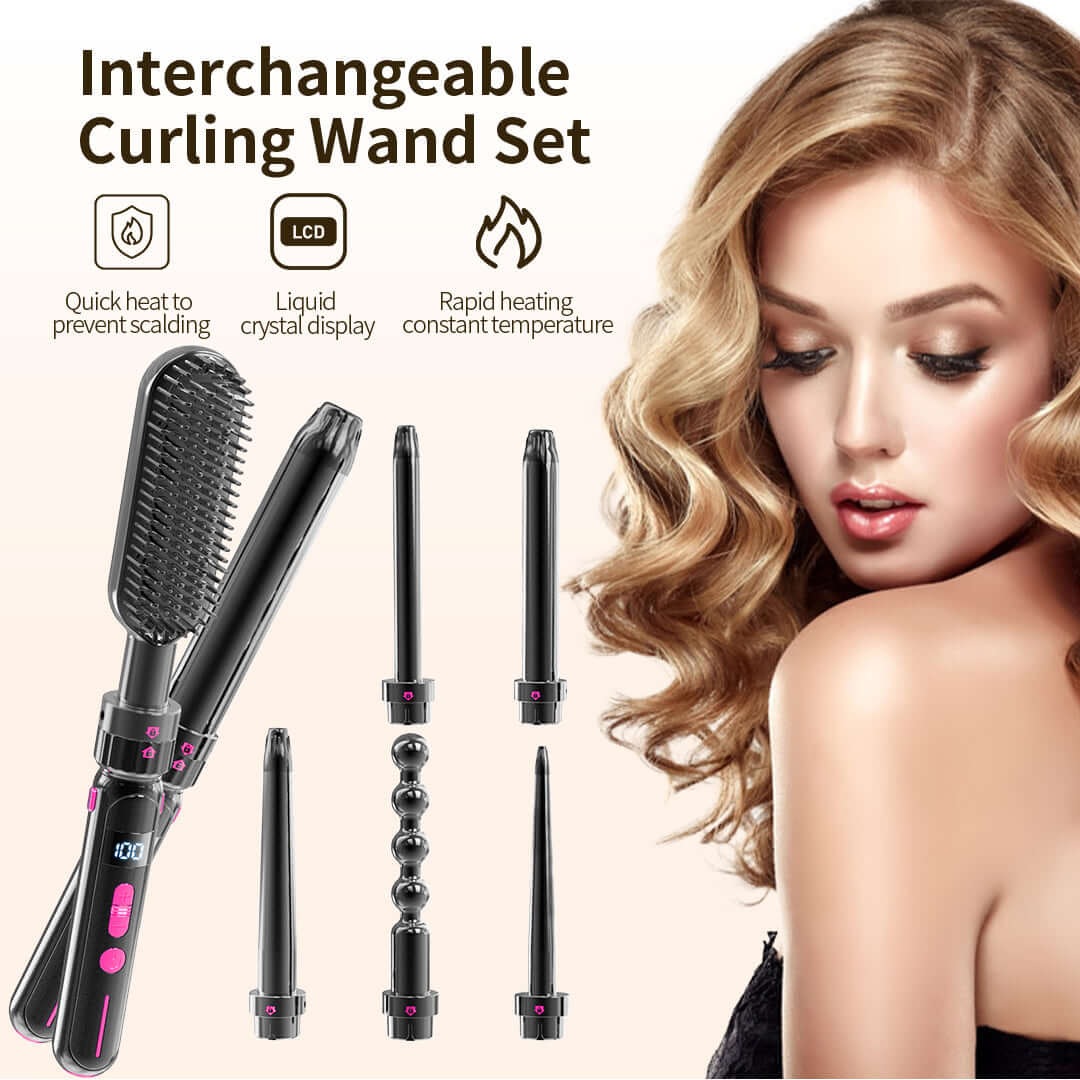 CozyTech Living interchangeable curling wand set with scalding prevention curling wand and five styling attachments