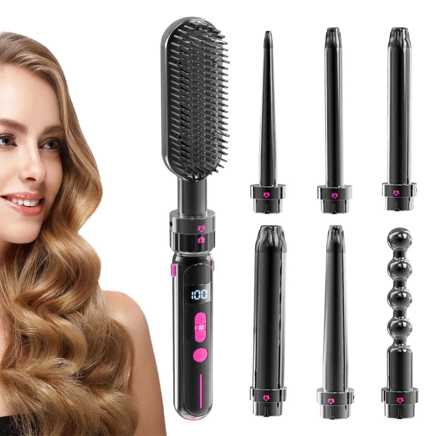 CozyTech Living scalding prevention curling wand with six interchangeable styling attachments and digital display