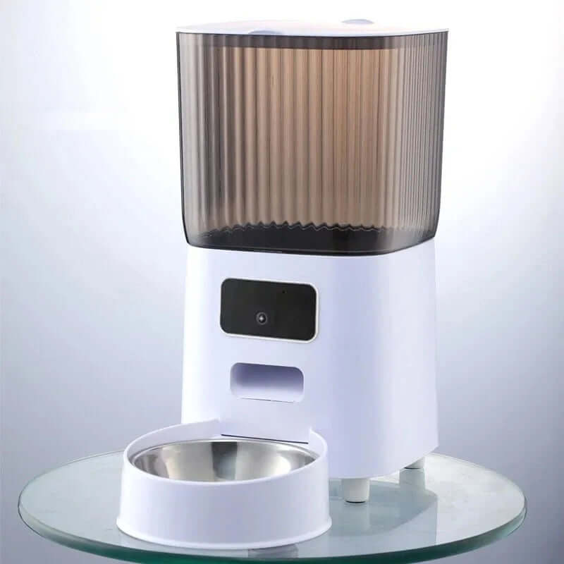 eprolo smart automatic cat feeder with camera in white and brown with stainless steel bowl