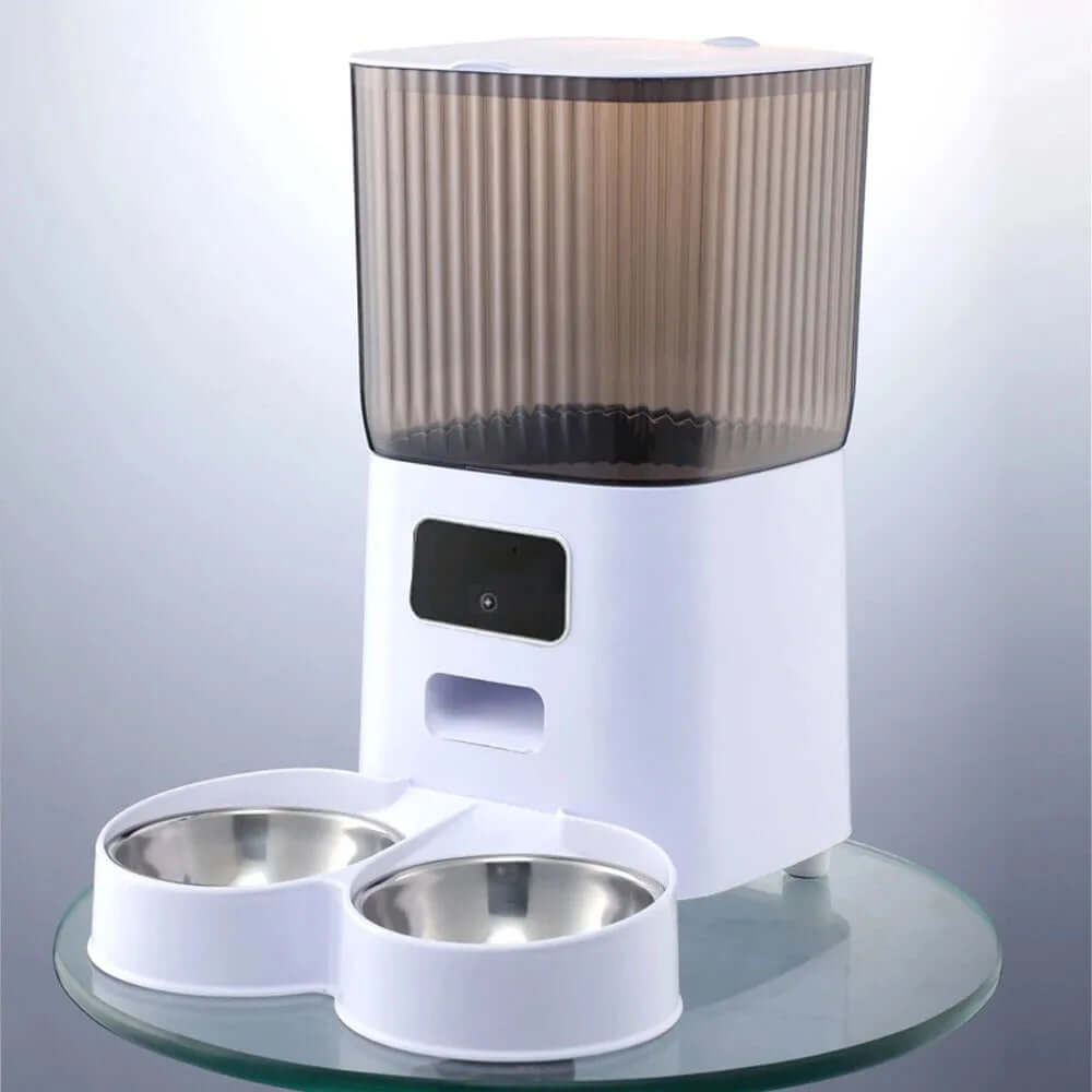 Eprolo smart automatic cat feeder with camera and dual stainless steel feeding bowls on glass table