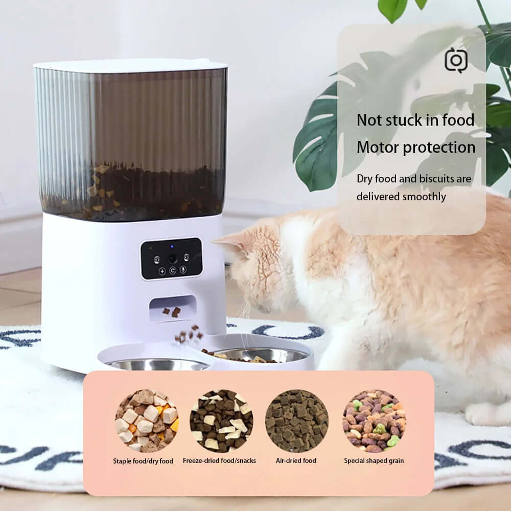 Eprolo smart automatic cat feeder with camera dispensing dry food to a beige and white cat