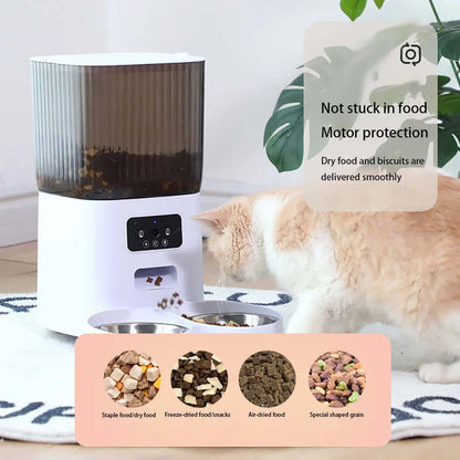 Eprolo smart automatic cat feeder with camera dispensing dry food to a beige and white cat