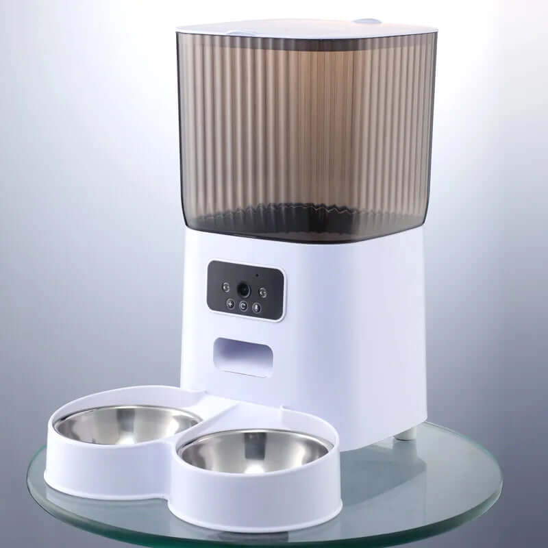 eprolo smart automatic cat feeder with camera featuring dual stainless steel bowls and modern design