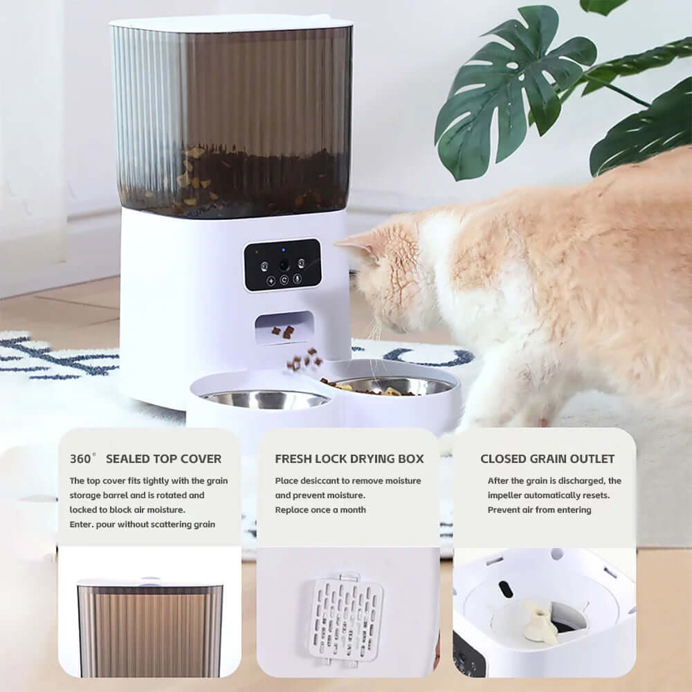 Eprolo smart automatic cat feeder with camera dispensing dry food to a beige cat in a modern home setting