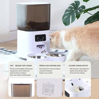 Eprolo smart automatic cat feeder with camera dispensing dry food to a beige cat in a modern home setting
