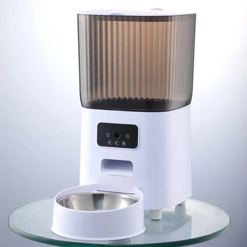 Eprolo smart automatic cat feeder with camera in white and brown for easy pet feeding