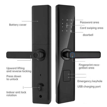 Eprolo smart fingerprint door lock with password area, card swipe, fingerprint recognition, and USB charging port