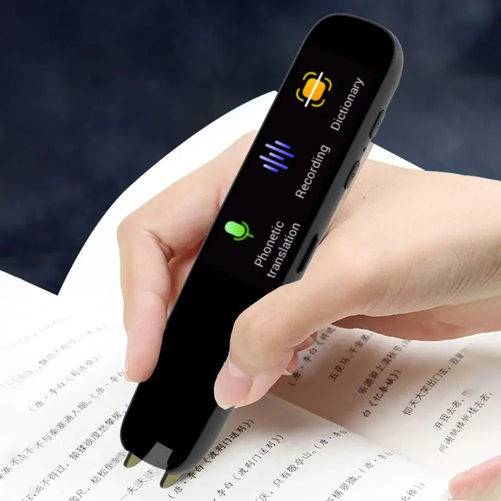 eprolo smart voice translator pen held over a book page showing dictionary and phonetic translation features