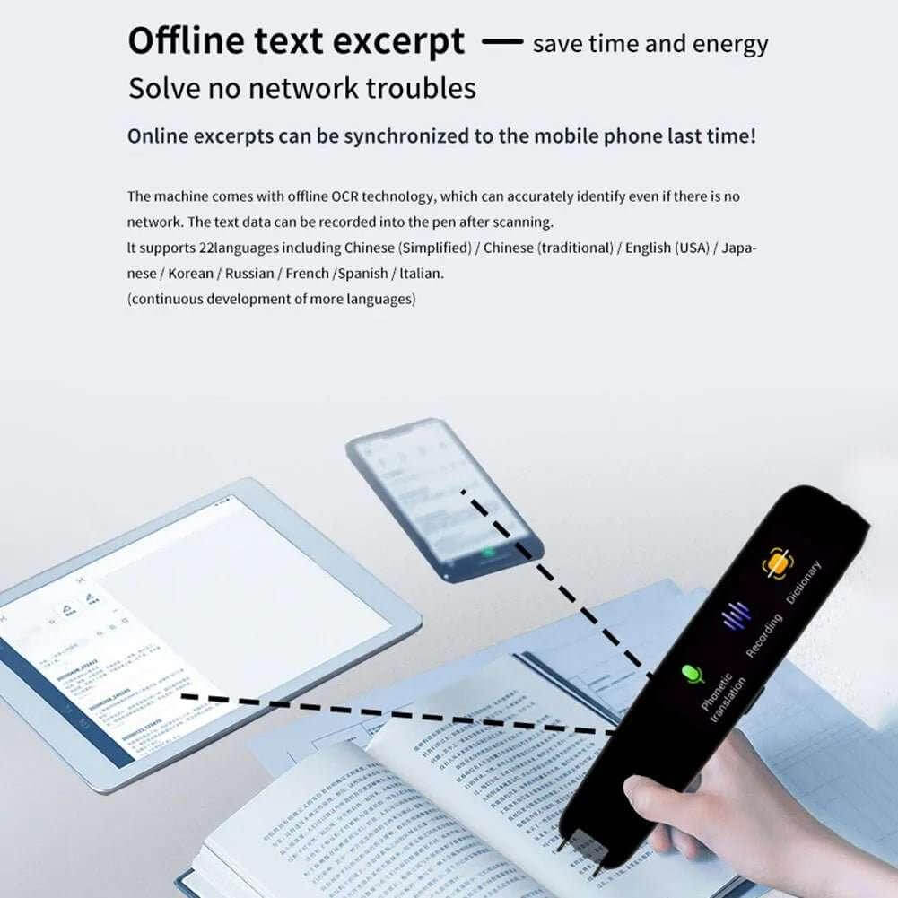 Smart voice translator pen scanning a book with offline text recognition and mobile synchronization