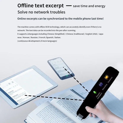 Smart voice translator pen with offline text excerpt feature scanning book pages and syncing with tablet