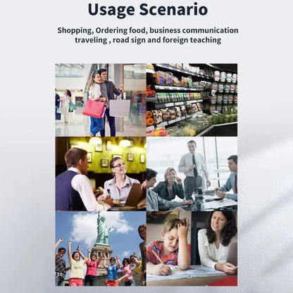 Smart voice translator pen usage scenarios including shopping, ordering food, business, travel, and foreign teaching