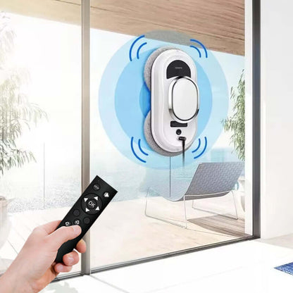 eprolo smart window cleaning robot attached to glass window with remote control in hand