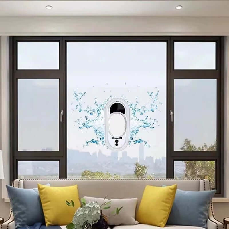 Eprolo smart window cleaning robot attached to living room window with water splash effect