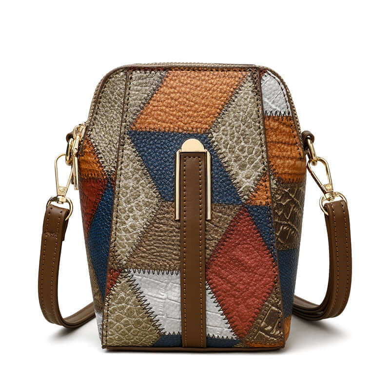 Soft Leather Shoulder Bag with multicolor patchwork design and adjustable brown strap