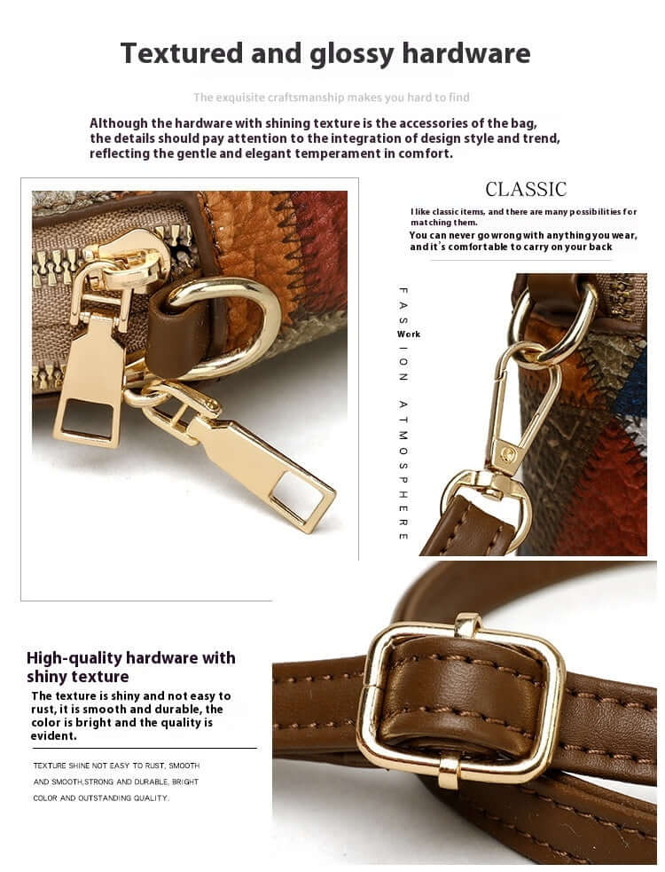 Soft Leather Shoulder Bag by Dropshipman with textured glossy gold hardware and durable brown leather straps