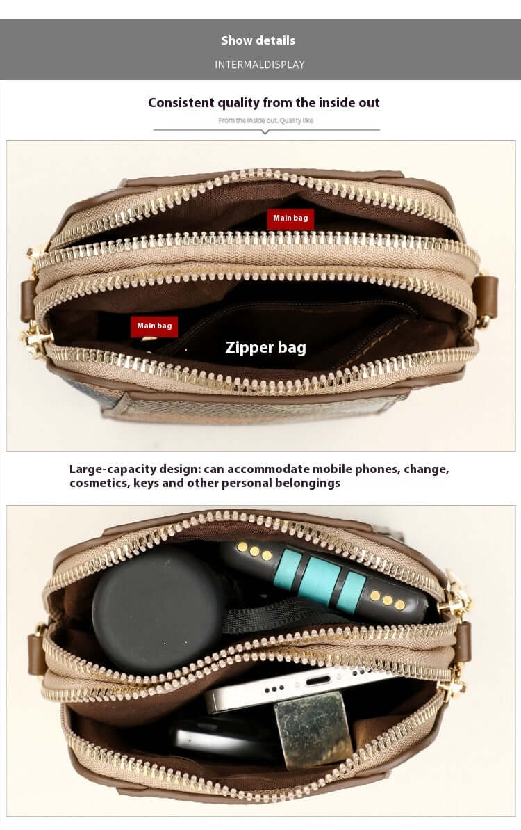 Soft Leather Shoulder Bag with multiple zippered compartments showing storage for phone, cosmetics, and keys