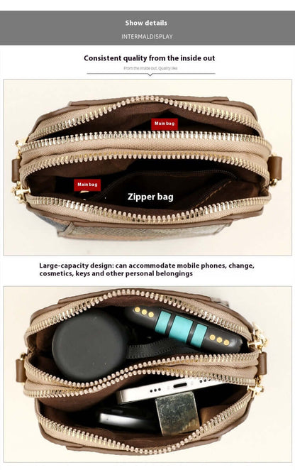 Soft Leather Shoulder Bag with multiple zippered compartments showing storage for phone, cosmetics, and keys