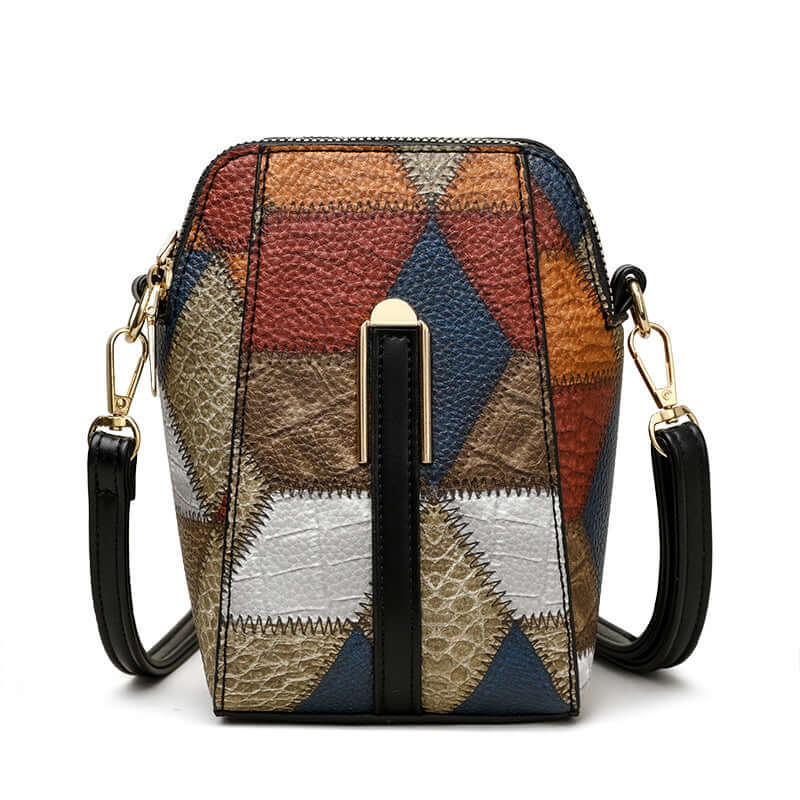 Soft Leather Shoulder Bag with multicolor geometric patchwork and black adjustable strap