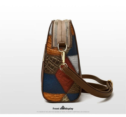 Side view of a soft leather shoulder bag with patchwork design and brown adjustable strap