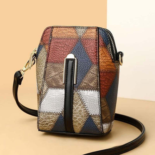 Soft Leather Shoulder Bag with multicolor geometric pattern and black strap by Dropshipman
