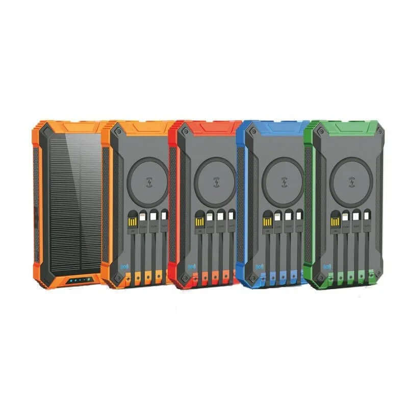 Colorful eprolo solar powered wireless charging bank with built-in charging cables and rugged design