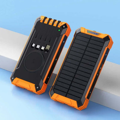 eprolo solar powered wireless charging bank with rugged orange and black design and built-in USB connectors