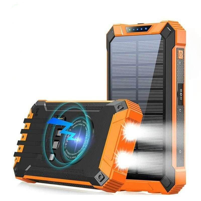 Eprolo solar powered wireless charging bank with rugged design and dual LED flashlights