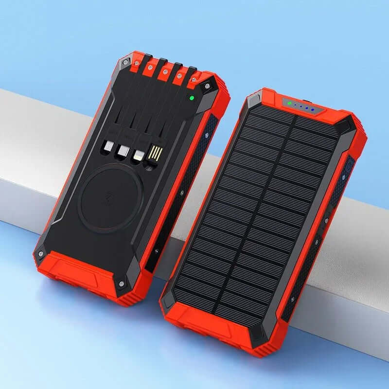 eprolo solar powered wireless charging bank with rugged black and red design and multiple charging ports