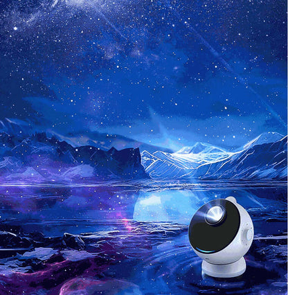 Star light projector for bedrooms displaying a night sky with stars over a mountainous landscape