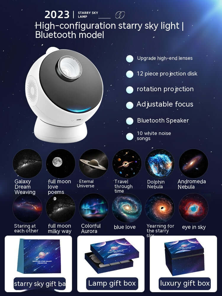 Star light projector for bedrooms with Bluetooth, adjustable focus, and 12 projection disks showing galaxies and nebulas