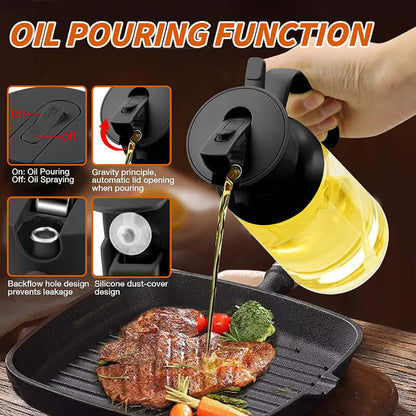 Stylish glass olive oil dispenser pouring oil over grilled steak with anti-leak and dust-cover features