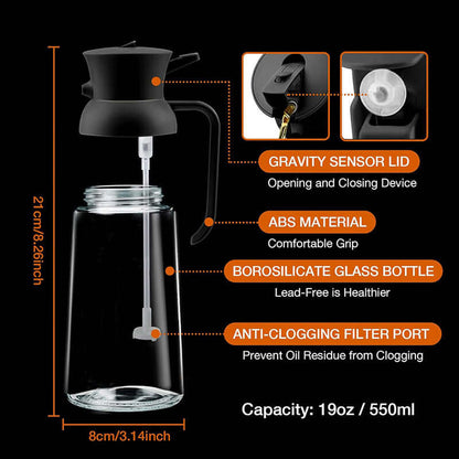Stylish glass olive oil dispenser with gravity sensor lid and anti-clogging filter port by Dropshipman