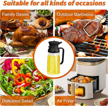Stylish glass olive oil dispenser with black lid shown with family dinner, outdoor barbecue, salad, and air fryer meals