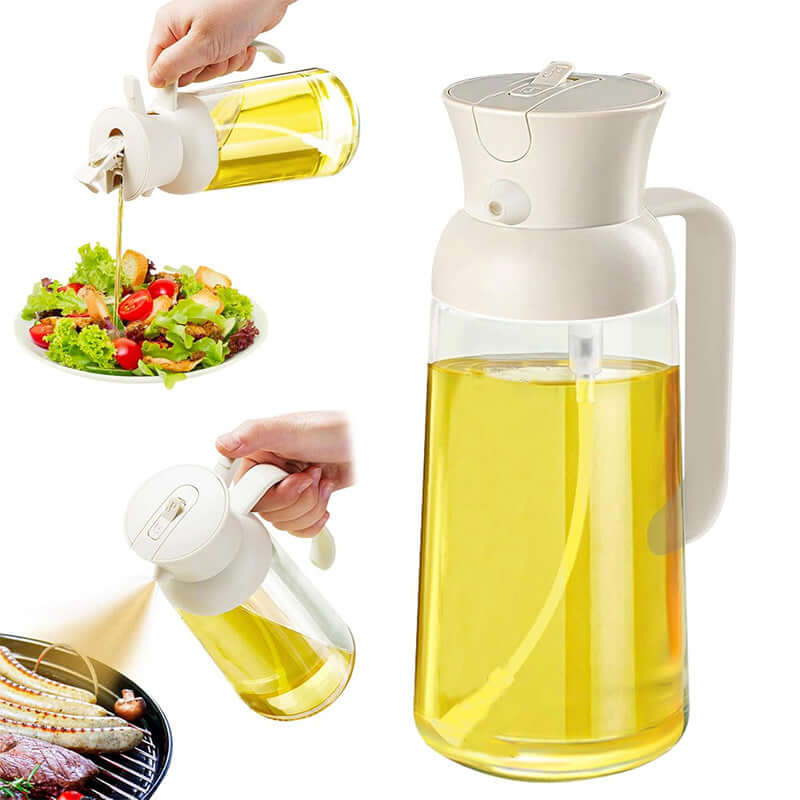 Stylish glass olive oil dispenser with white lid pouring oil on salad and grill food