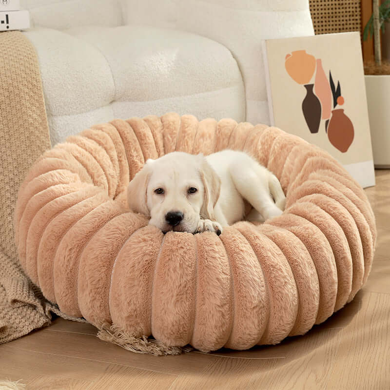 Dropshipman super soft pet sleeping mat in beige with a small white puppy resting comfortably