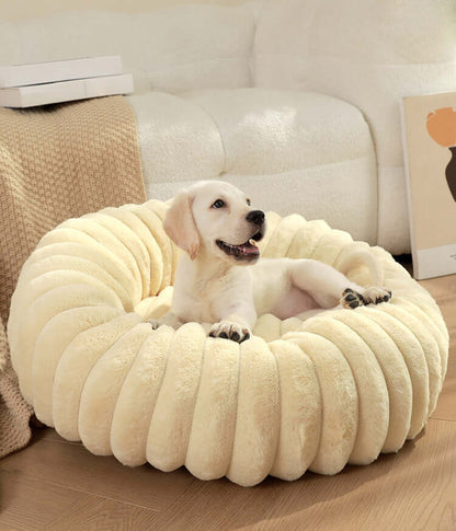 Cream-colored super soft pet sleeping mat with a happy puppy lying comfortably indoors