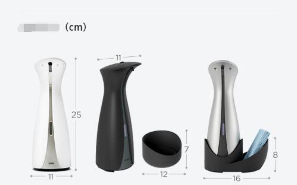 Dropshipman modern induction hand soap dispenser in white and black with dimensions shown