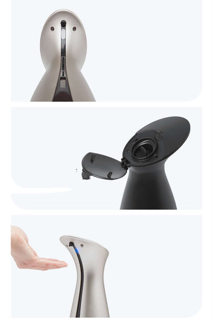 Modern induction hand soap dispenser with sleek design showing top view and open lid for refilling soap