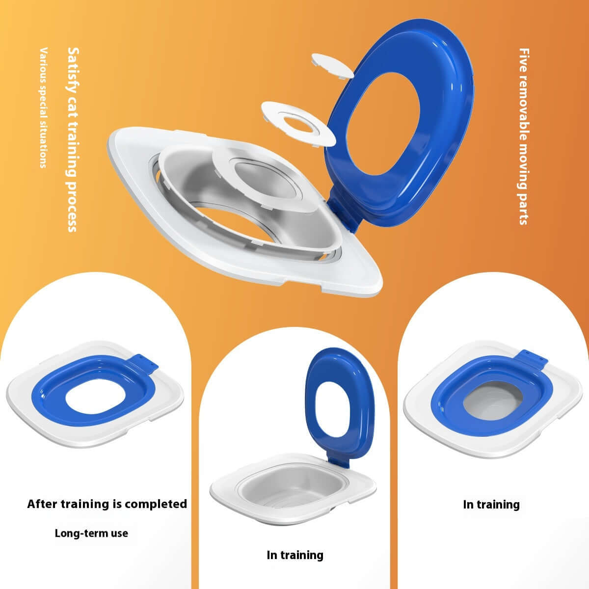 Unique cat toilet trainer for home with blue detachable lid and five removable parts for easy cleaning