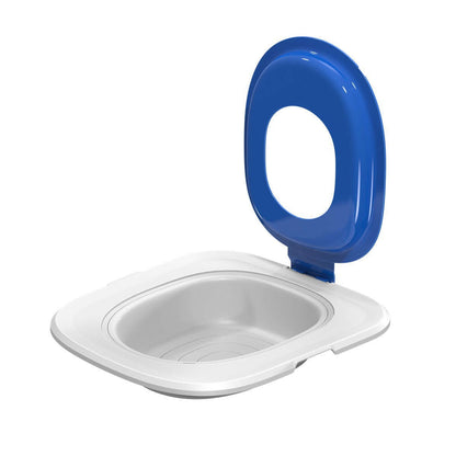 Unique cat toilet trainer for home in white and blue with an open lid for easy pet use