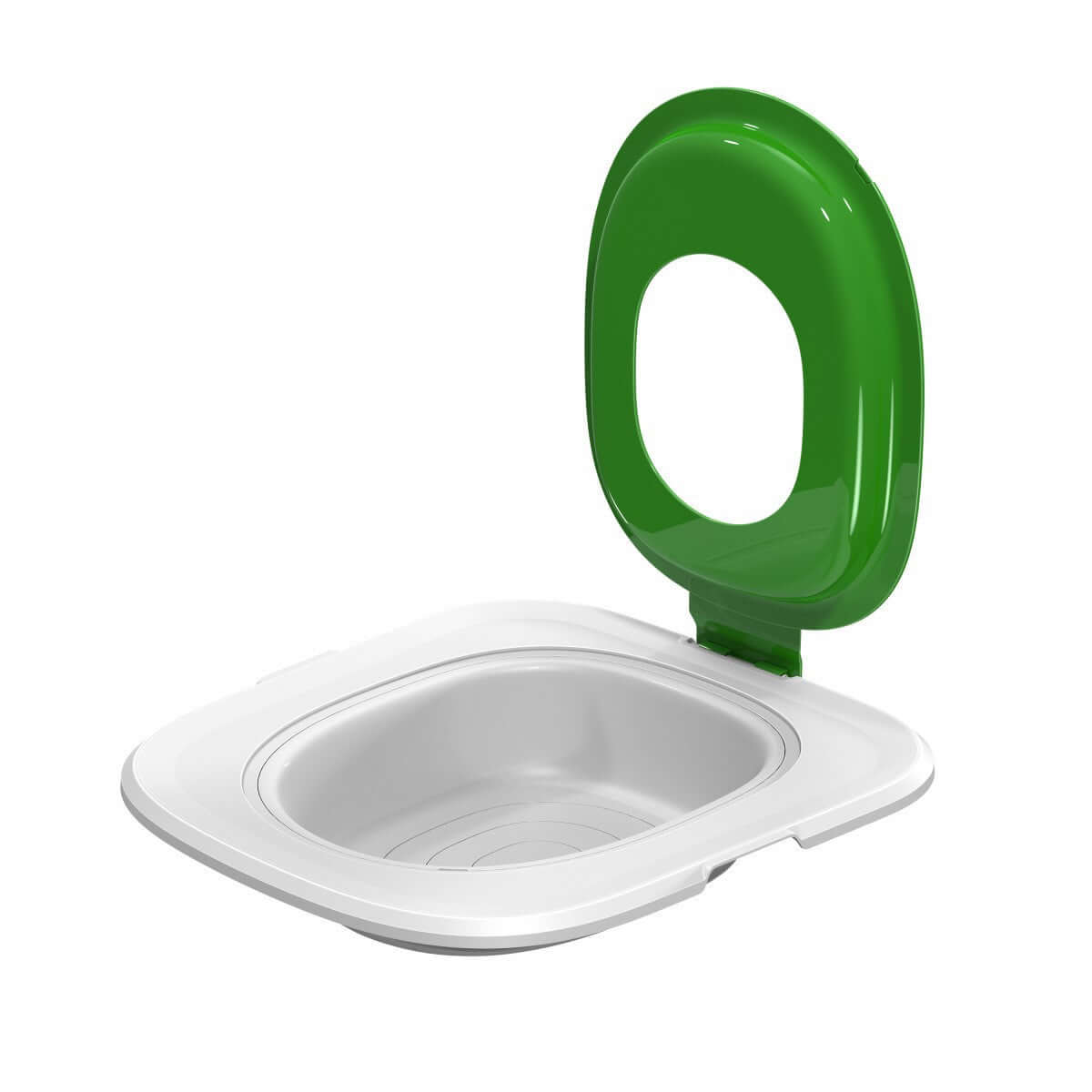 Unique cat toilet trainer for home with white base and green open lid for easy pet training
