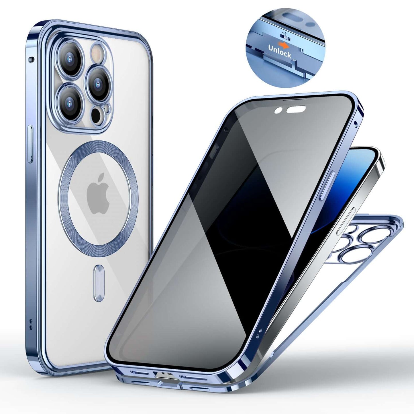 Dropshipman magnetic anti-spy phone case with clear back and blue metal frame for privacy protection