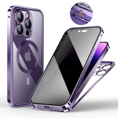 Purple magnetic anti-spy phone case with clear back and secure locking mechanism for full phone protection