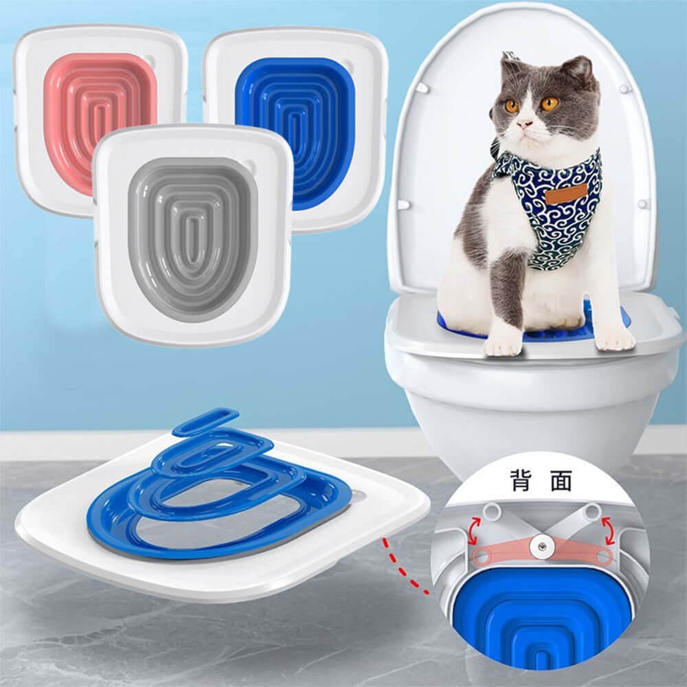 Dropshipman Upgraded Cat Toilet Trainer Tray - Easy Potty Training displayed with a cat on a toilet, showcasing the cat toilet training kit in action.
