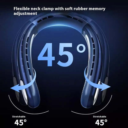 USB rechargeable neck fan with flexible 45 degree stretchable neck clamp and soft rubber memory adjustment