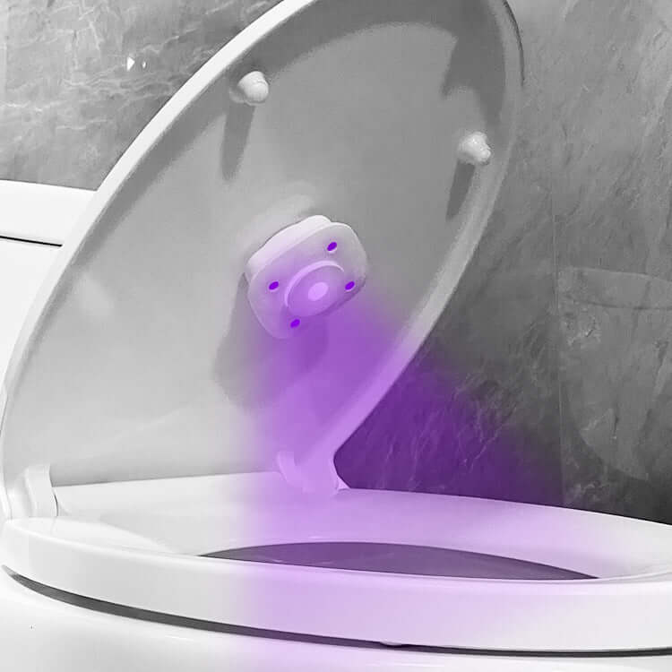 eprolo UV toilet sterilizer for bathroom installed under white toilet seat emitting purple sterilizing light