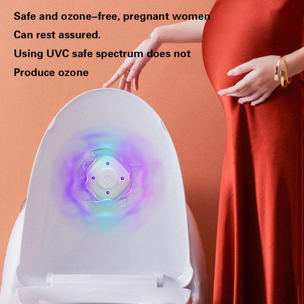 White UV toilet sterilizer for bathroom emitting safe UVC light with a pregnant woman in red dress