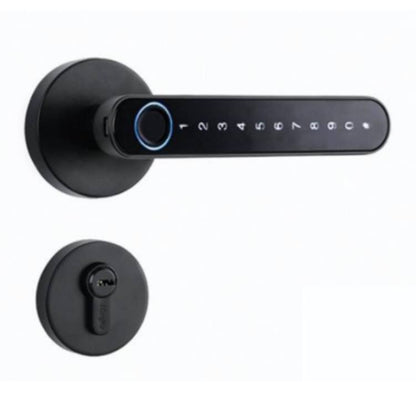 Modern black Smart Fingerprint Door Lock displayed alongside a traditional keyhole, merging classic and futuristic security.