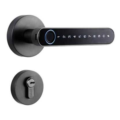 Stylish black Smart Fingerprint Door Lock highlighted with a passcode keypad, showcasing its multifunctional access methods.