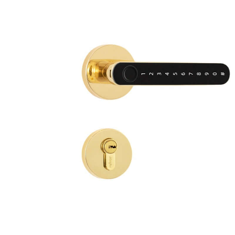 Glistening gold Smart Fingerprint Door Lock with a keyhole, representing elegance combined with cutting-edge security.